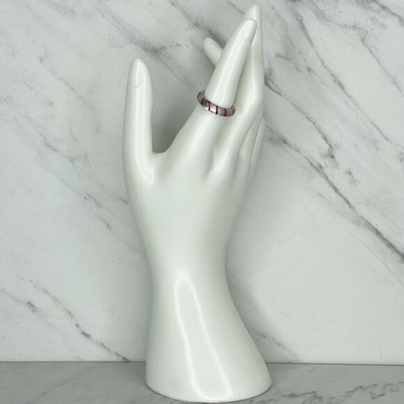 Clear Silver Red Striped Plastic Ring Size 7.25 - Picture 2 of 11